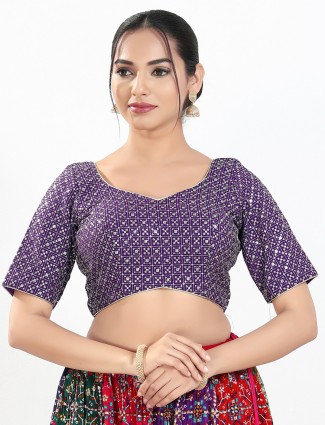 Purple silk embroidered elbow sleeve blouse