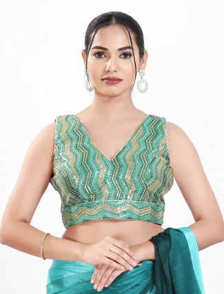 Rama green silk v neck ready made blouse