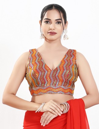 Red silk v neck sleeveless embroidered blouse