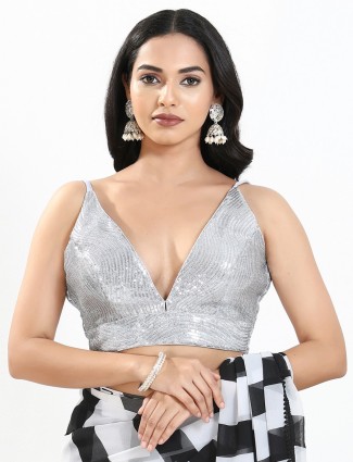 Silver sequins back open ready made blouse