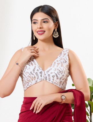 White sequins sleeveless ready made blouse