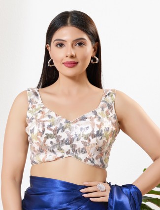 White silk sequins sleeveless sweetheart neck blouse