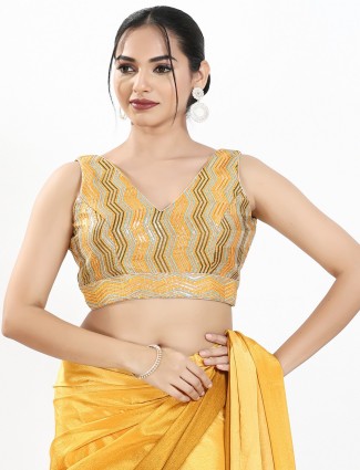 Yellow silk embroidered sleeveless v neck blouse