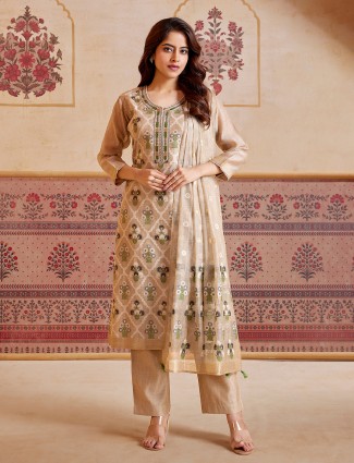Beige printed cotton silk festive salwar suit