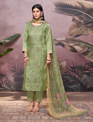 Green silk embellished salwar suit