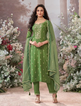 Green silk salwar suit with printed dupatta for women