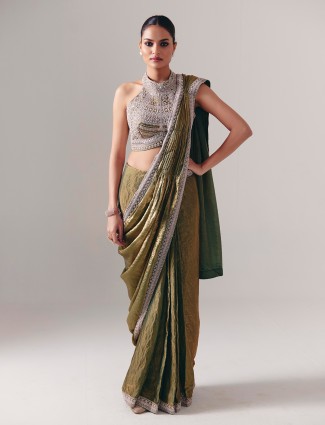 Pastel olive chiffon silk ready to wear saree