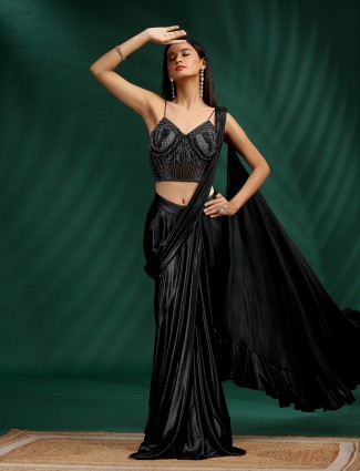 Black satin occasion ready saree for celebrations