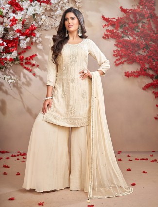 Cream chiffon pakistani palazzo suit