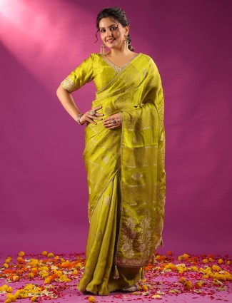 Green zari worked silk saree for mehendi celebration look