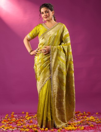 Green zari worked silk saree for elegant wedding wear