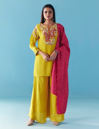 Lime yellow silk pakistani palazzo suit with dupatta