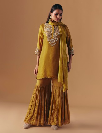 Mehendi olive silk pakistani sharara suit with dupatta