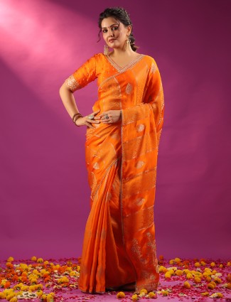 Orange silk wedding wear saree for elegant look