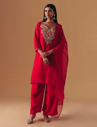 Red silk pakistani palazzo suit with dupatta