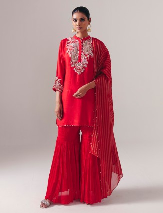 Red silk pakistani sharara suit with dupatta