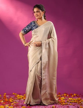Silver silk festive ready saree with blue blouse for women