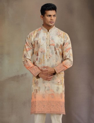 Beige and peach printed kurta pajama in cotton tissue silk for men