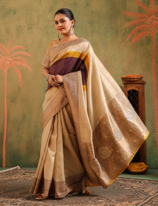 Beige printed gota worked silk saree for women
