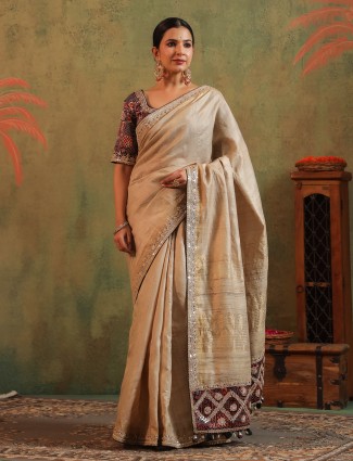 Beige printed silk saree with gota work for women