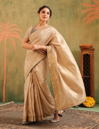 Beige silk saree with gota work for women any special occasions