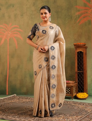 Beige silk thread worked saree for festival wear