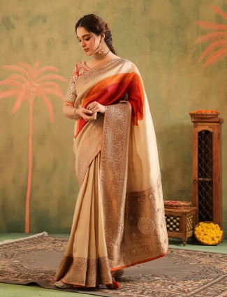 Beige silk wedding wear saree with gota work for women