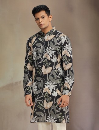 Black printed cotton linen kurta pajama for festive wear