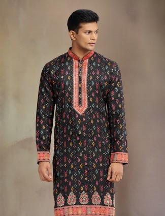 Black printed festive wear silk kurta suit for men