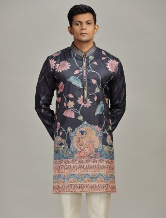 Black printed tusser silk festive kurta pajama