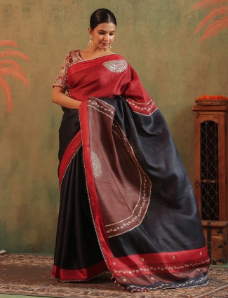 Black silk festive wear saree with print for women