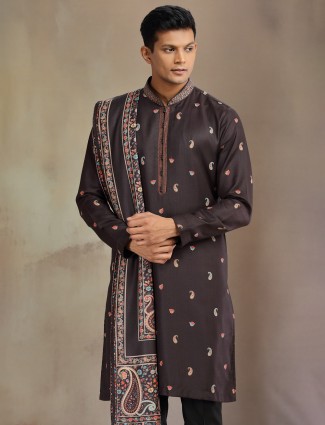 Black pashmina silk printed kurta pajama with dupatta for men