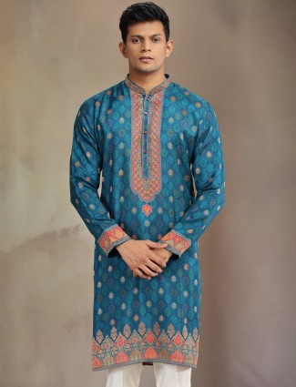 Blue jaquard silk kurta pajama with zari weaving for men