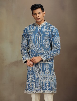 Blue premium silk kurta suit with thread embroidery for men