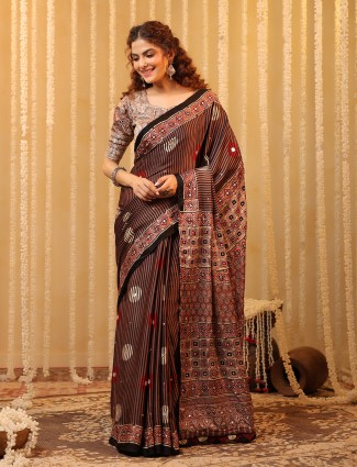 Brown cotton silk printed saree with sequins work for women