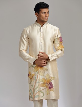 Cream printed tusser silk kurta pajama with sequins and beads for men