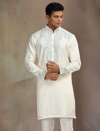 Cream silk kurta suit with sequins and thread detailing for men
