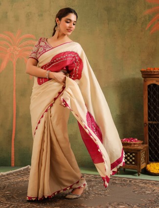 Cream silk printed saree with bold blouse for women