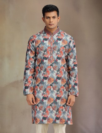 Grey printed jaquard silk festive wear kurta pajama for men