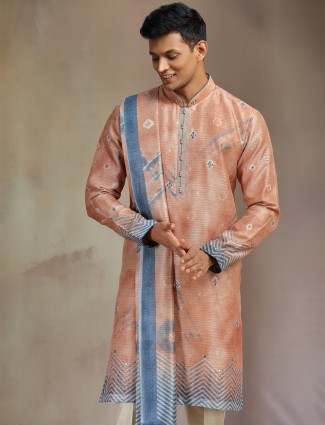 Light brown printed boho silk kurta suit with dupatta for men