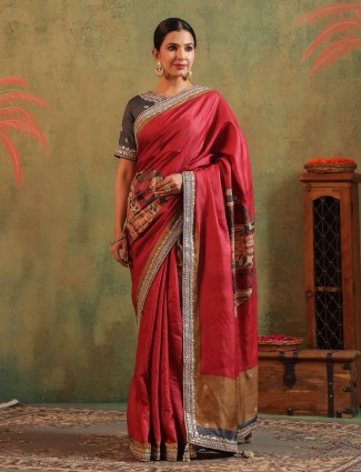 Maroon printed festive wear silk saree