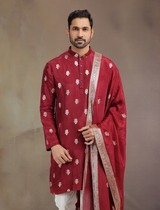 Maroon silk wedding kurta suit with dupatta