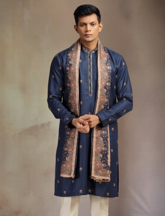 Navy pashmina pashmina silk printed kurta pajama with dupatta for men