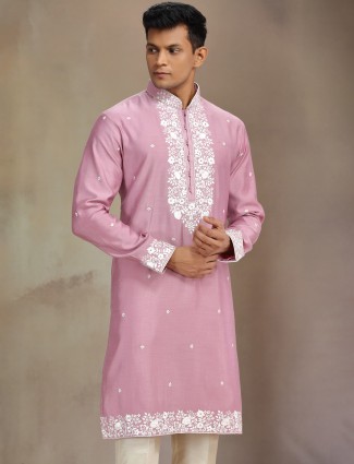 Pink jaquard silk kurta suit with thread embroidery for men