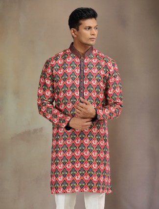 Red and navy brocade silk kurta pajama with print for men