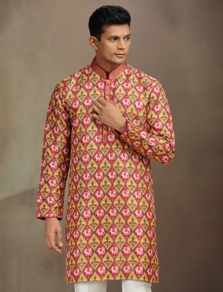 Red and yellow printed brocade silk kurta pajama for men festive wear
