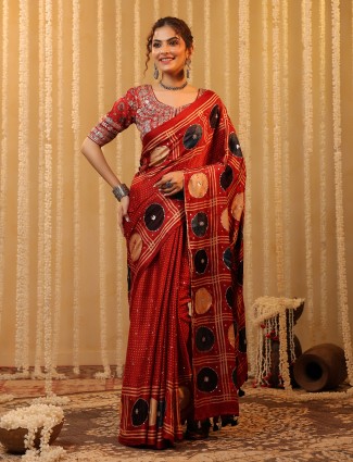 Red printed cotton silk saree for festival wear
