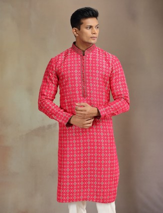 Red patola silk kurta pajama with print for men festive wear