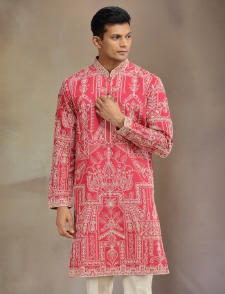 Red premium silk kurta suit with thread work for men