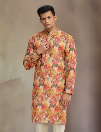 Yellow printed jaquard silk kurta pajama for men festive wear